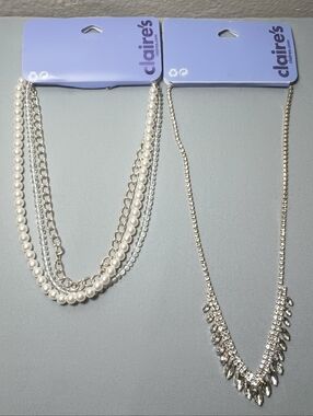 Claire's Faux Pearl Multi-Strand Necklace & Silver Rhinestone Pendant Set